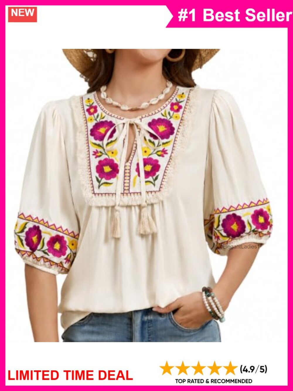 Boho Floral Embroidered Puff Short Sleeve Blouse Tunic Top